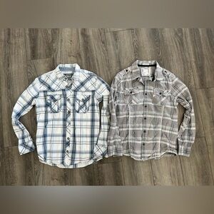 BKE Men's Casual Button Plaid Shirts Medium Blue and Gray Buckle Slim Fit Cotton